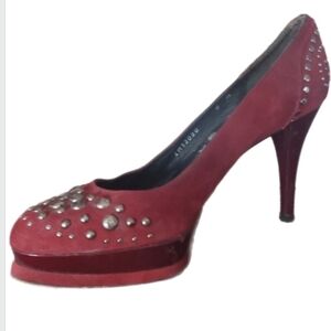Stuart Weitzman Champagne Red Suede Stud Platform Heels